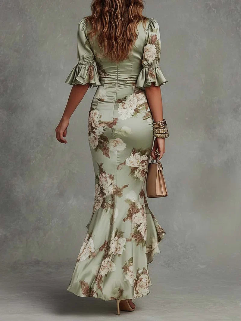 Valentina Vestito Maxi Asimmetrico Verde con Stampa Floreale, Scollatura a V e Maniche a Campana con Volant
