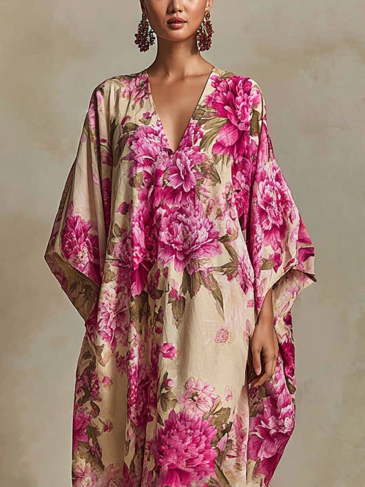 Abito Maxi Kaftano con Maniche a Batwing e Scollatura a V Floral Art Resort