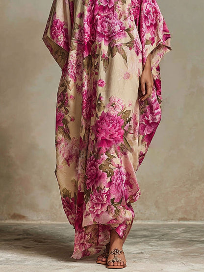 Abito Maxi Kaftano a V con Maniche a Batwing Floral Art Resort