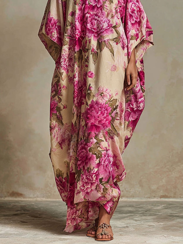 Abito Maxi Kaftano a V con Maniche a Batwing Floral Art Resort