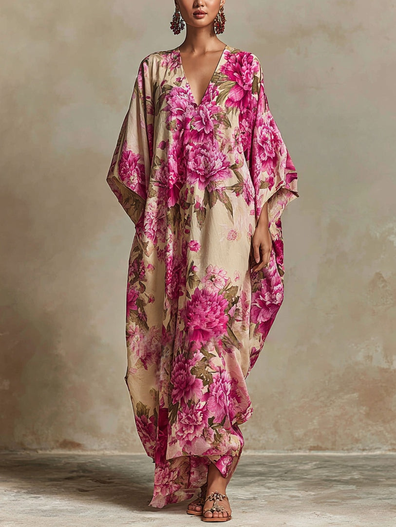 Abito Maxy Kaftano a Manica Batwing con Scollatura a V Floral Art Resort