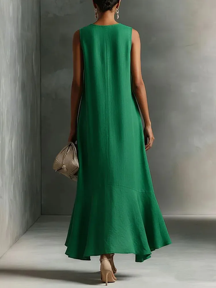 Abito Maxi Senza Maniche Verde in Cotone-Lino Sintetico con Scollo a V