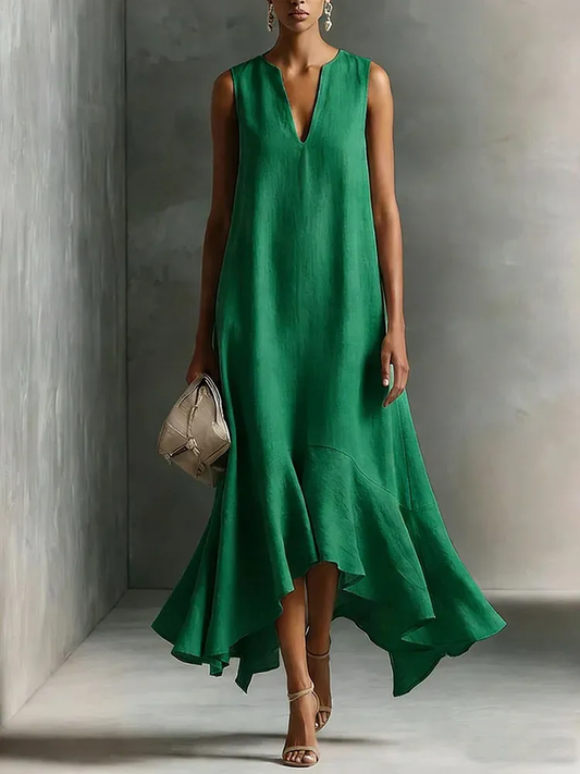 Abito Maxi Senza Maniche Verde in Cotone-Lino Finto a V