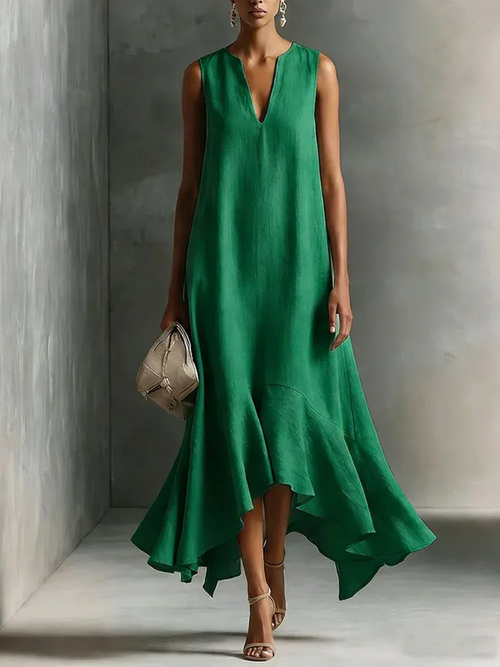 Abito Maxi Senza Maniche Verde in Cotone-Lino Sintetico con Scollo a V
