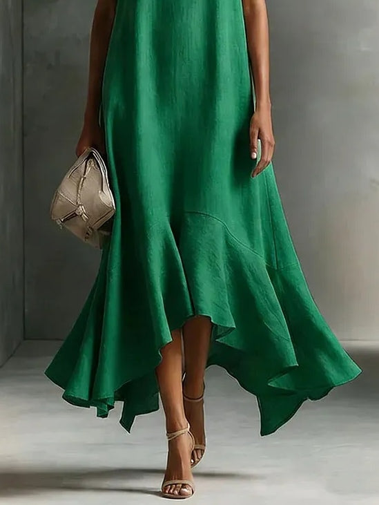 Abito Maxi Senza Maniche Verde in Cotone-Lino Finto a V