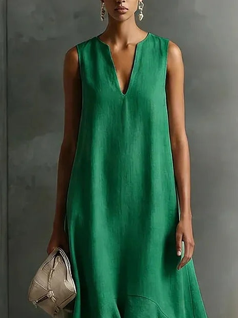 Abito Maxi Senza Maniche Verde in Cotone-Lino Sintetico con Scollo a V