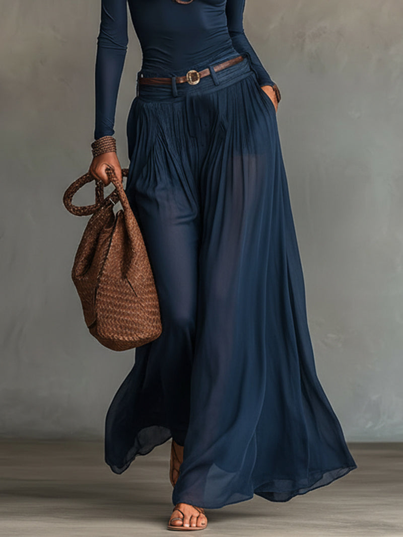 Top Asimmetrico Blu Navy Con Spallina E Gonna In Tulle Trasparente Set Due Pezzi (con cintura)