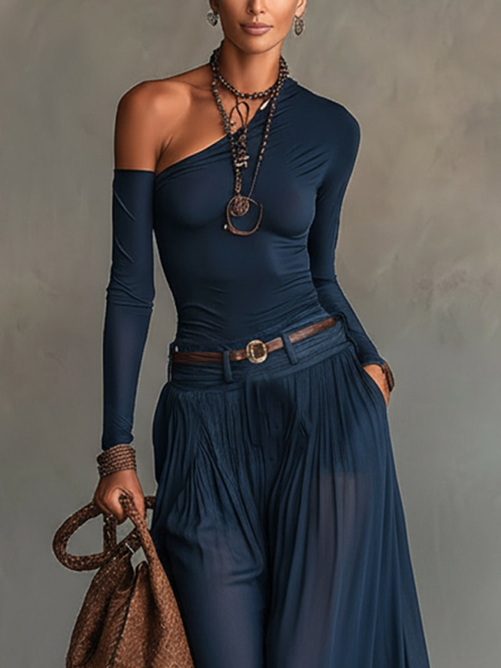 Top Asimmetrico Blu Navy Con Spallina E Gonna In Tulle Trasparente Set Due Pezzi (con cintura)