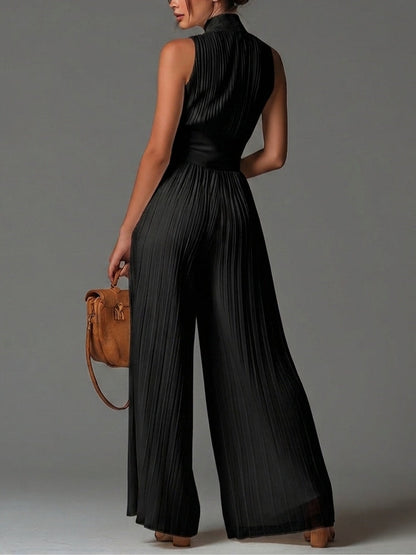 Tuta in Chiffon Nera Senza Maniche con Zip a V e Pieghe a Gamba Larga