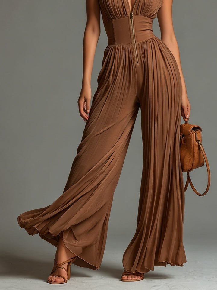 Tuta in chiffon marrone senza maniche con scollo a V, cerniera e pantaloni a gamba larga