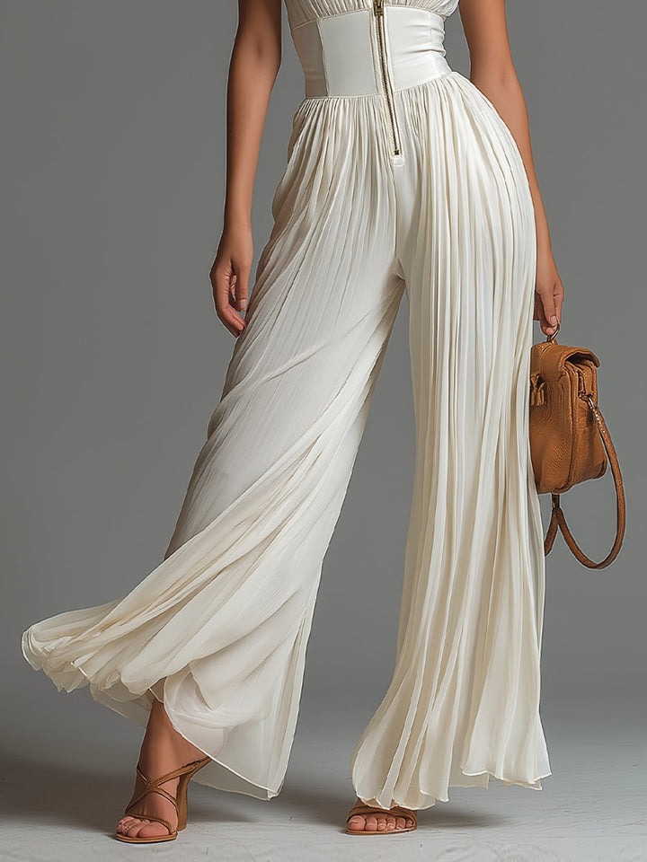 Tuta in Chiffon Plissettata Senza Maniche con Zip e Scollo a V Bianco