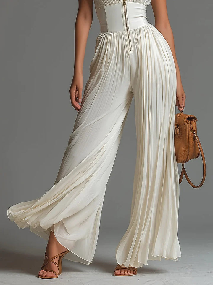 Olivia Mono Bianco in Chiffon Senza Maniche con Cerniera, Pieghe e Gamba Larga
