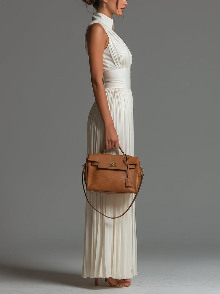 Tuta in Chiffon Plissettata Senza Maniche con Zip e Scollo a V Bianco