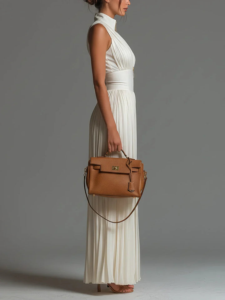 Olivia Mono Bianco in Chiffon Senza Maniche con Cerniera, Pieghe e Gamba Larga