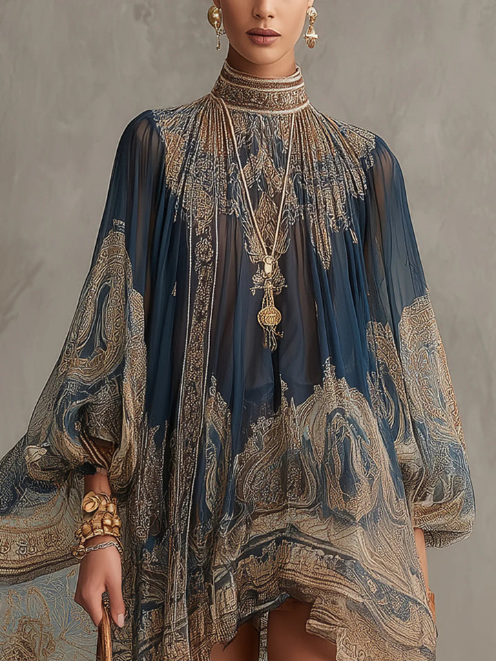 Abito Mini in Chiffon Irregolare a Collo Alto con Stampa Barocca Blu Navy
