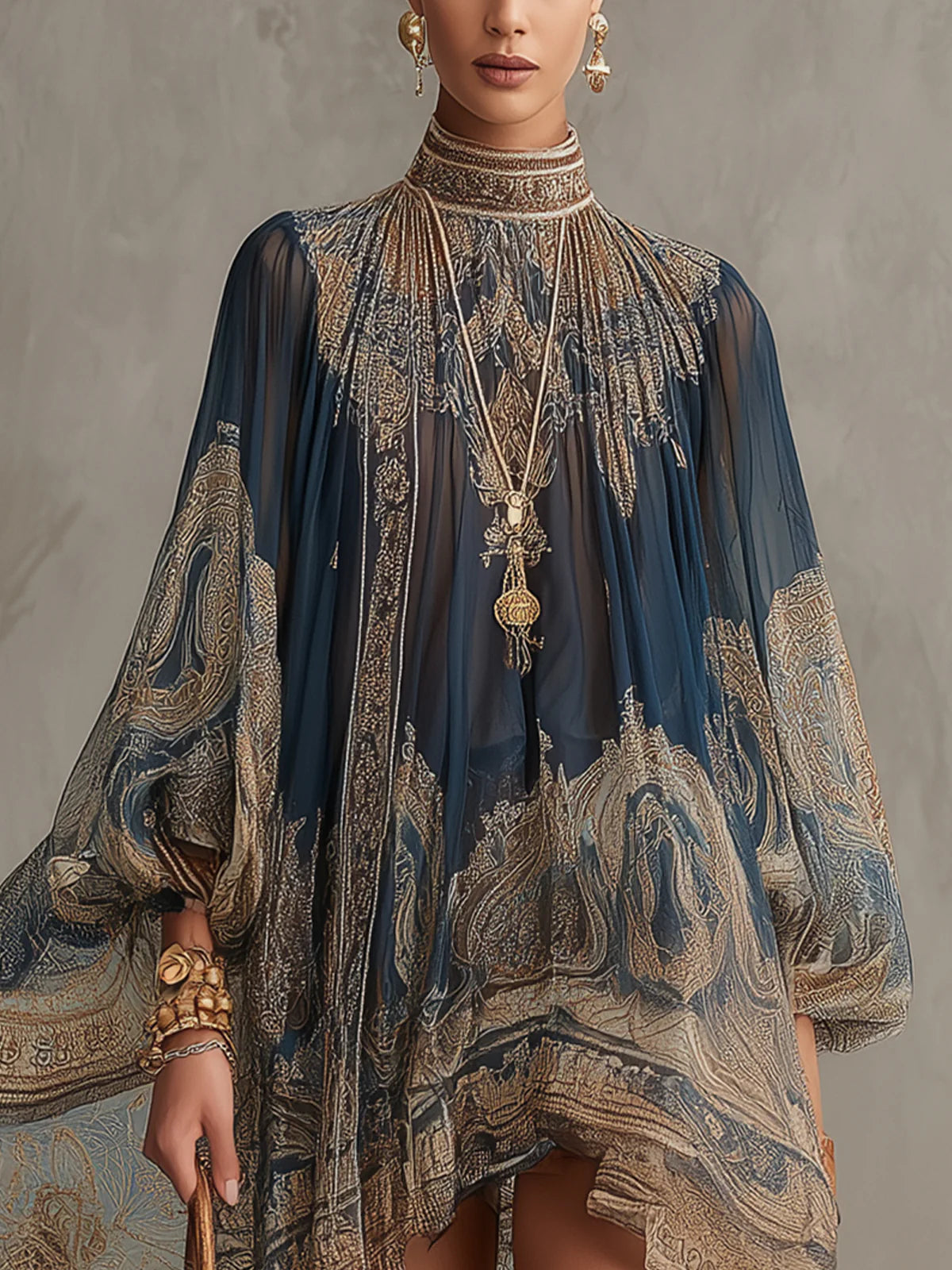 Abito Mini in Chiffon Irregolare con Stampa Barocca Blu Navy e Collo Alto