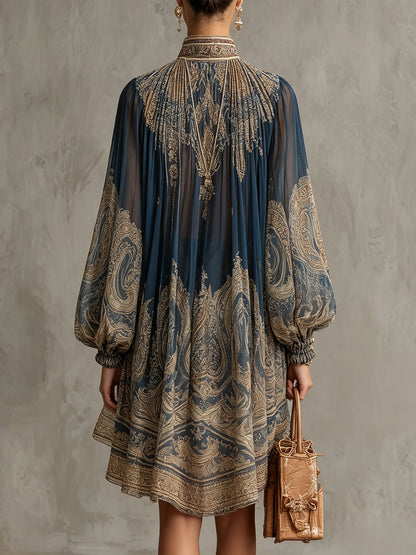 Abito Mini in Chiffon Irregolare con Stampa Barocca Blu Navy e Collo Alto