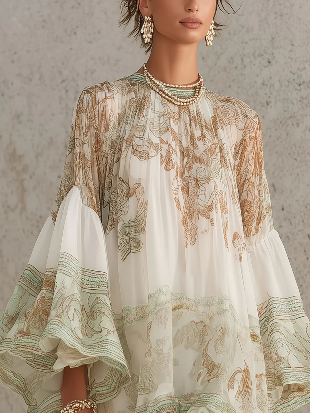 Abito Mini in Chiffon con Rouches e Maniche a Volant Verde