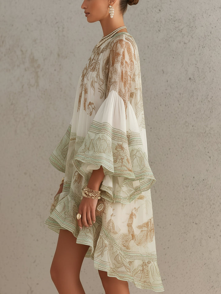 Abito Mini in Chiffon con Rouches e Maniche a Volant Verde