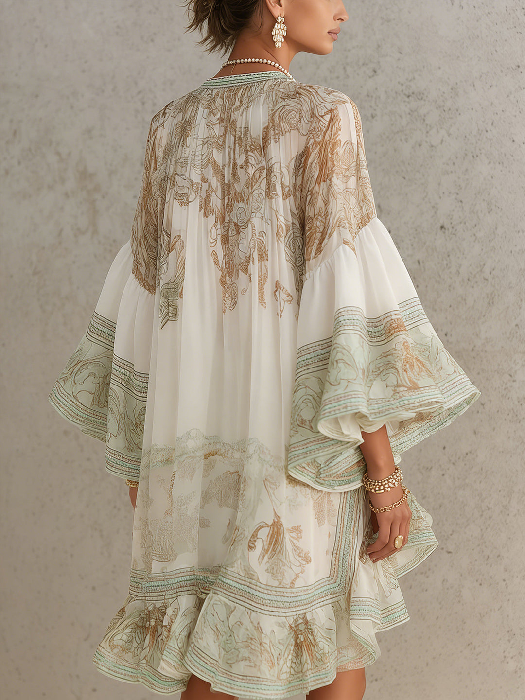 Abito Mini in Chiffon con Rouches e Maniche a Volant Verde