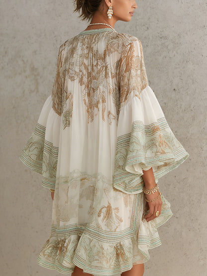 Abito Mini in Chiffon con Rouches e Maniche a Volant Verde