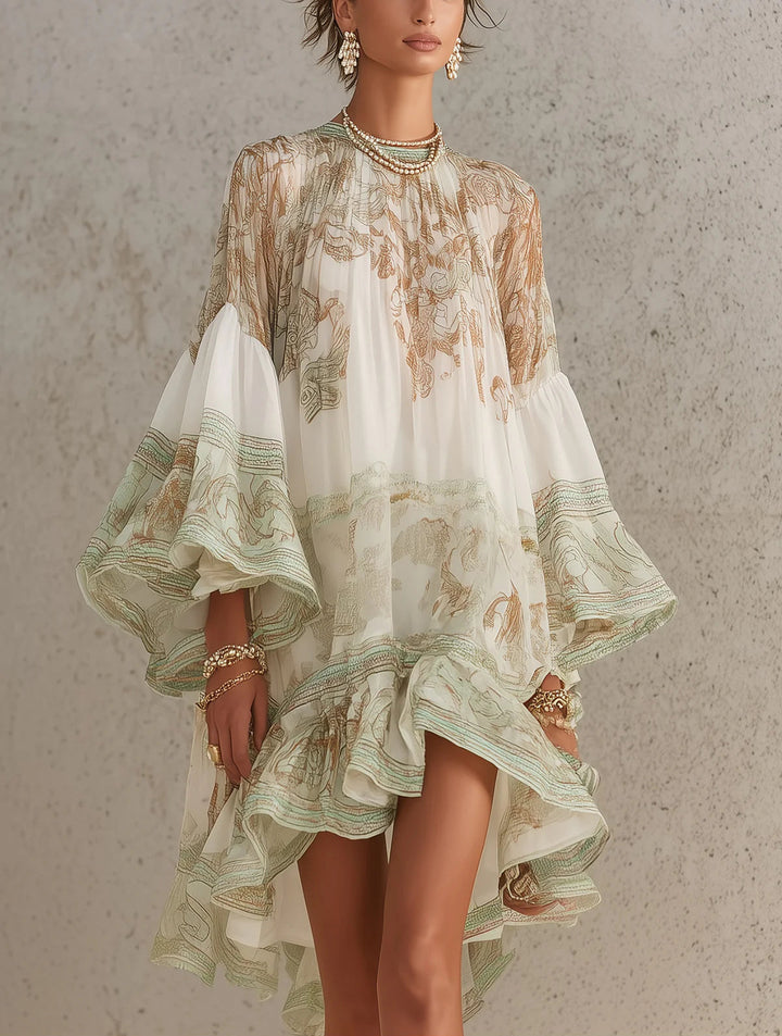 Abito Mini Chiffon con Rouches e Maniche a Volant Verde