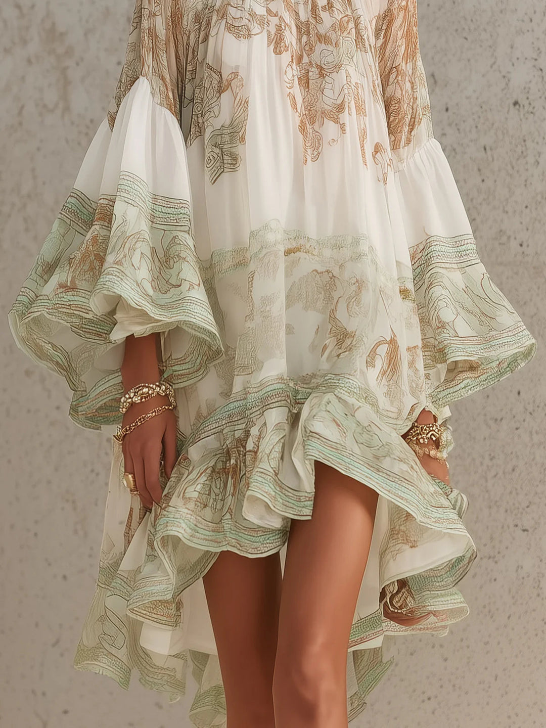 Abito Mini in Chiffon con Rouches e Maniche a Volant Verde