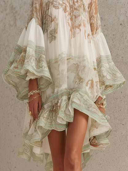 Abito Mini Chiffon con Rouches e Maniche a Floreale Verde