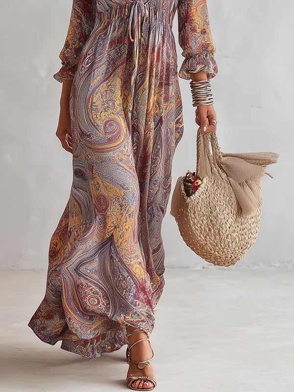 Laura Vestito Maxi in Chiffon con Stampa Paisley e Scollatura a V