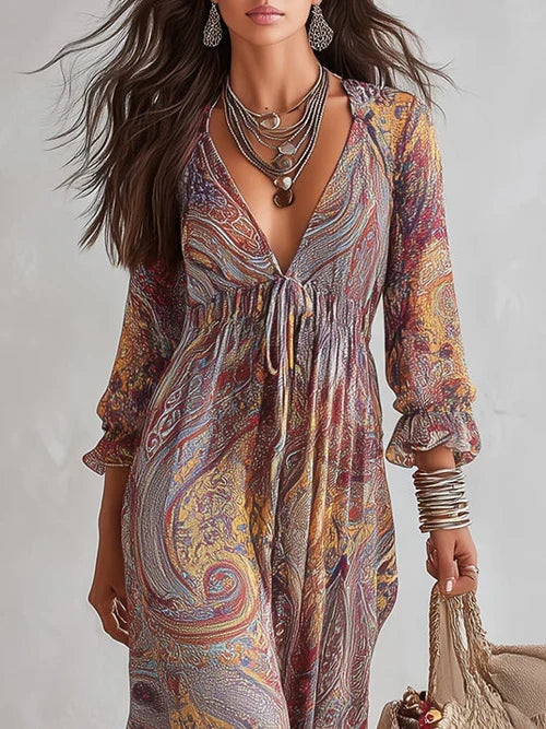 Laura Vestito Maxi in Chiffon con Stampa Paisley e Scollatura a V