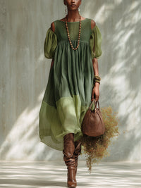 Abito Midi in Chiffon Verde con Spalle Scoperte e Maniche Corte