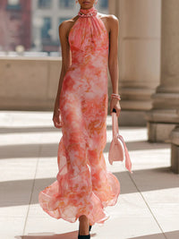 Abito Maxi in Chiffon con Stampa Floreale Rosa a Scollo Halter