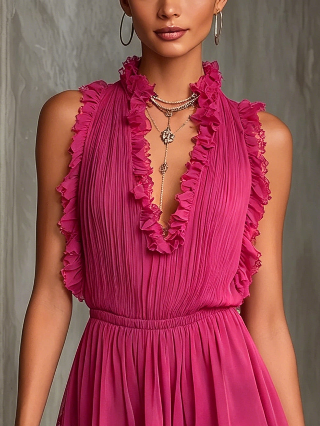 Jumpsuit in Chiffon Pieghettato con Bordo a Volant Fucsia