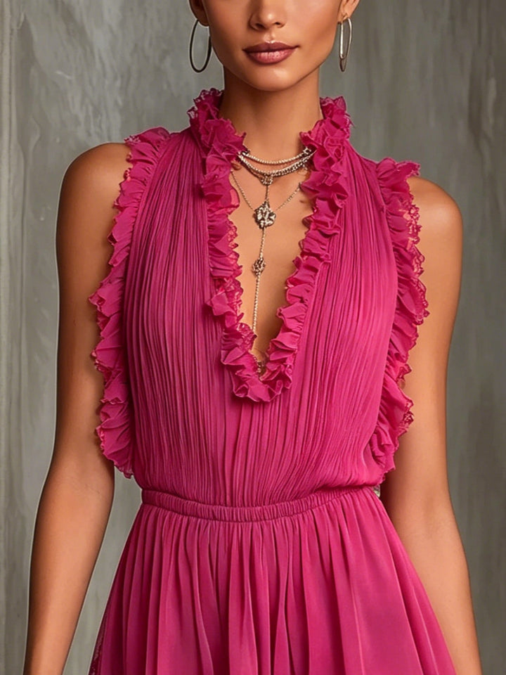 Jumpsuit in Chiffon Pieghettato con Bordo a Volant Fucsia