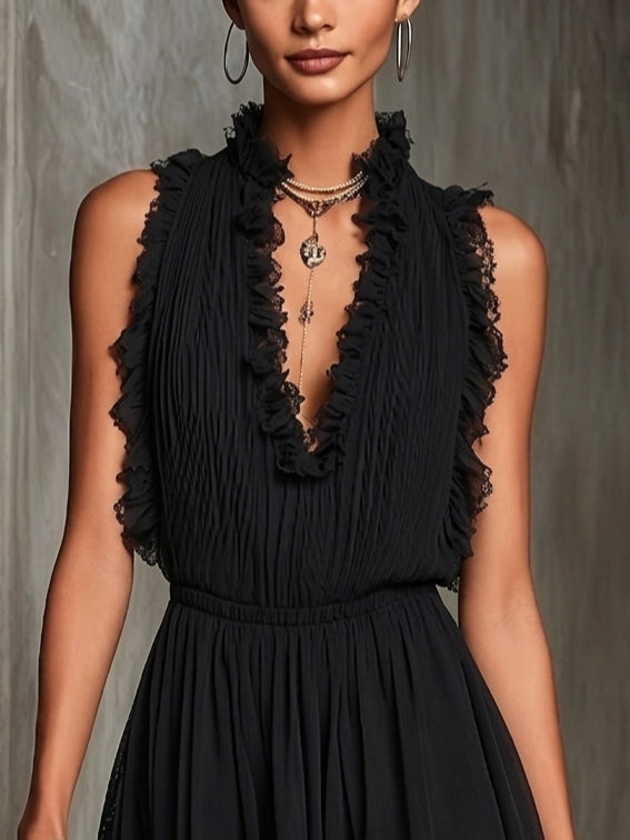 Jumpsuit in Chiffon Pieghettato con Bordo a Righe Nere