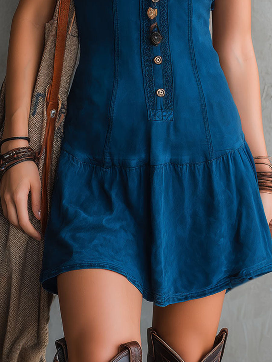 Abito Mini Senza Maniche a V in Indigo Bohemien con Bottoni