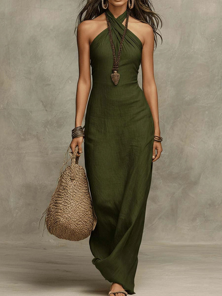 Abito Maxi Halter in Finto Lino con Drappeggio Morbido