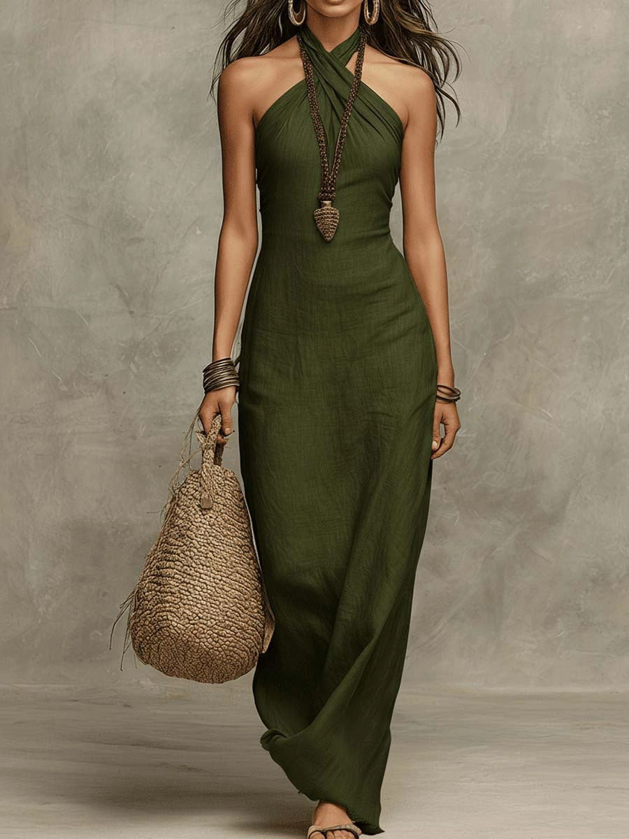 Abito Maxi Halter in Finto Lino con Drappeggio Morbido