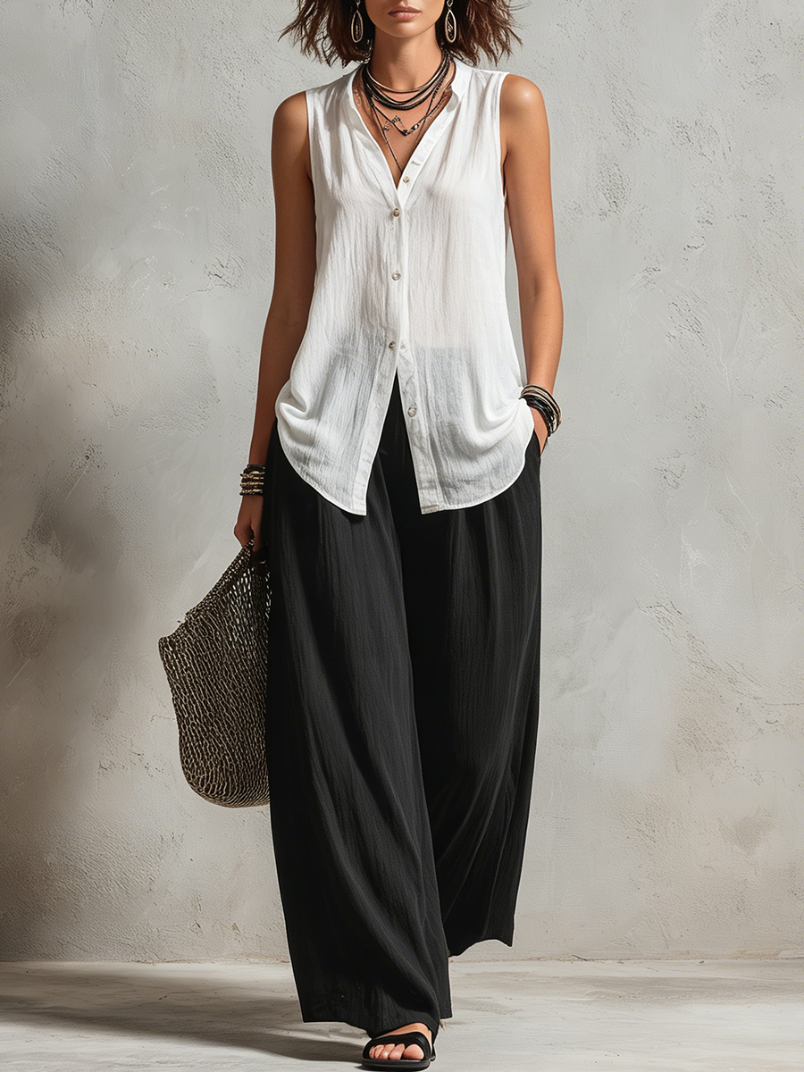 Set di Cardigan a Strati Minimalista e Pantaloni a Gamba Larga