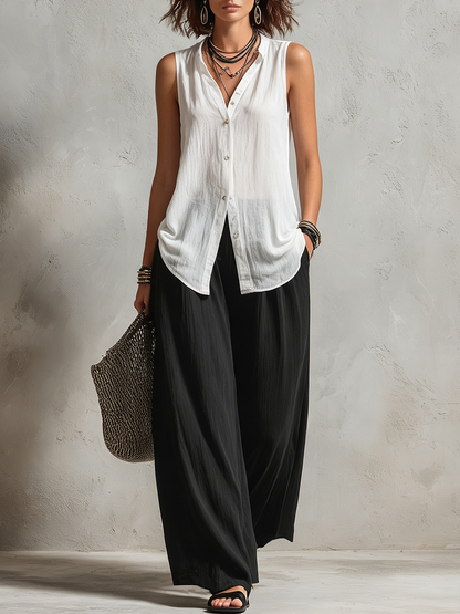 Set di Cardigan a Strati Minimalista e Pantaloni a Gamba Larga