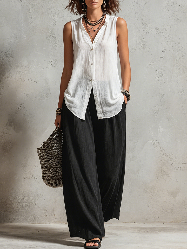 Set di Cardigan a Strati Minimalista e Pantaloni a Gamba Larga