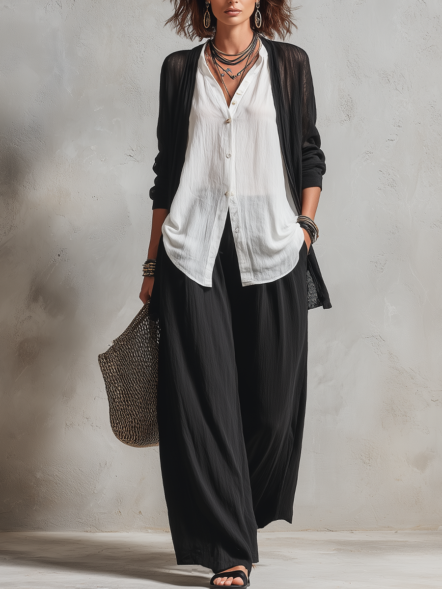Set di Cardigan a Strati Minimalista e Pantaloni a Gamba Larga