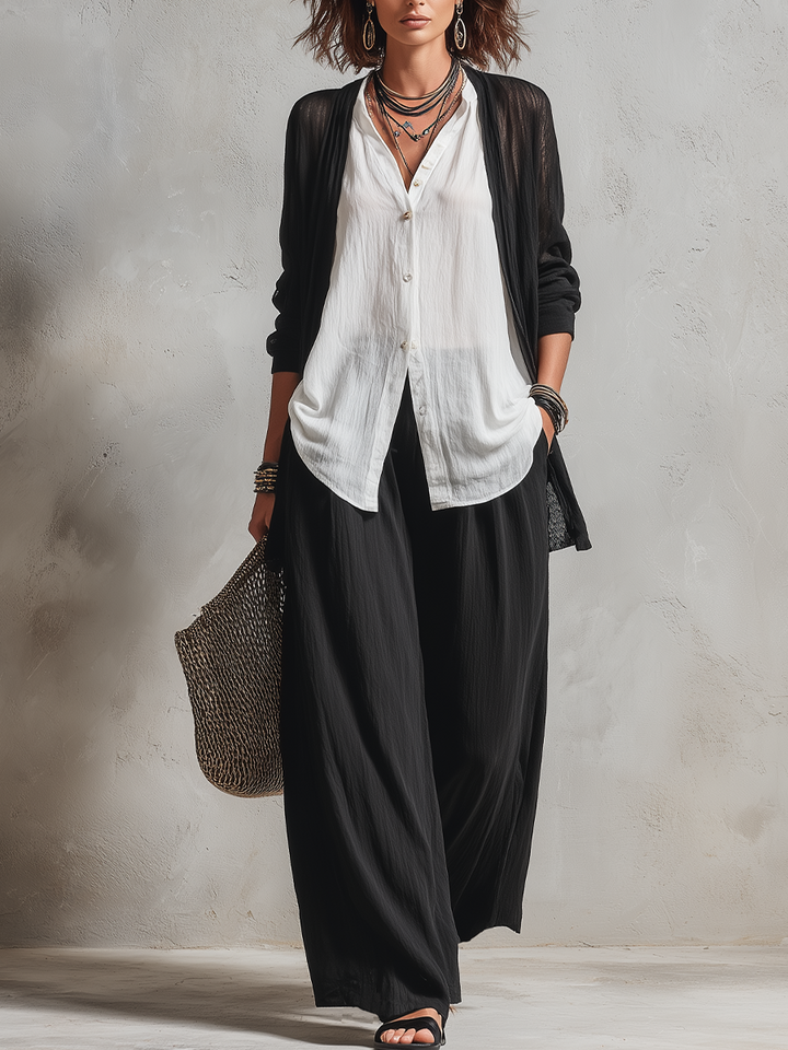 Set di cardigan a strati minimalista e pantaloni a gamba larga