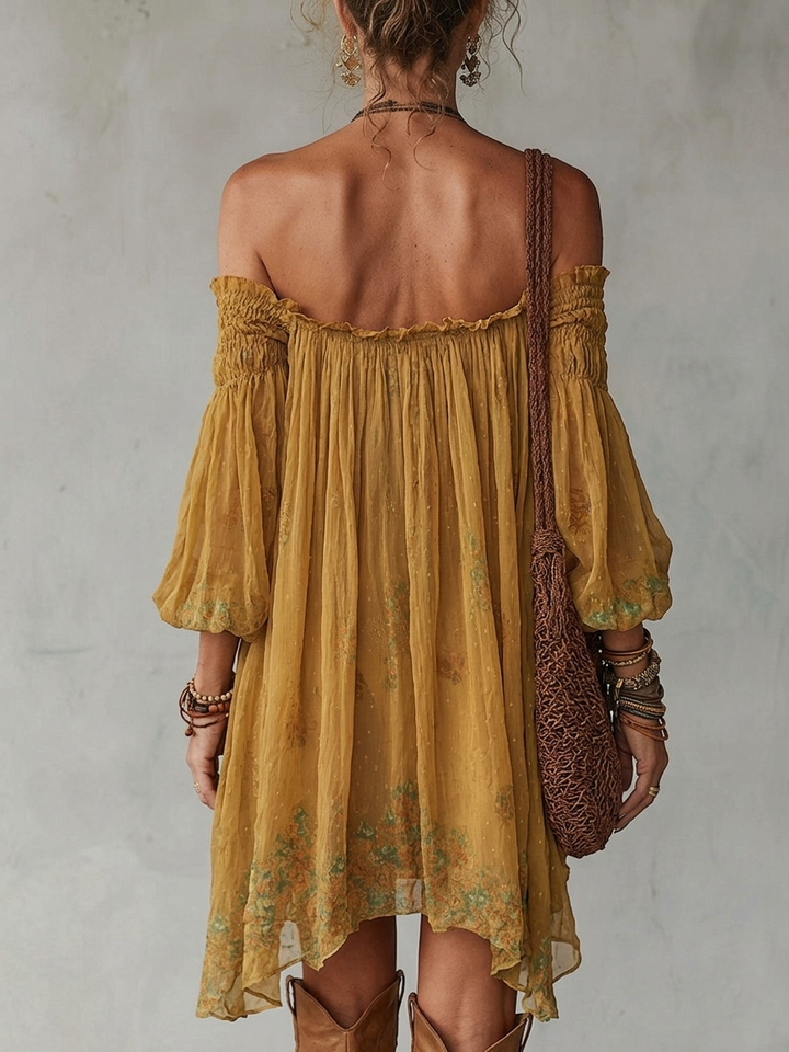 Abito Mini Off Shoulder in Chiffon Giallo con Fantasia Floreale