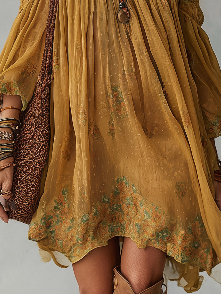 Abito Mini Off Shoulder in Chiffon Giallo con Fiori