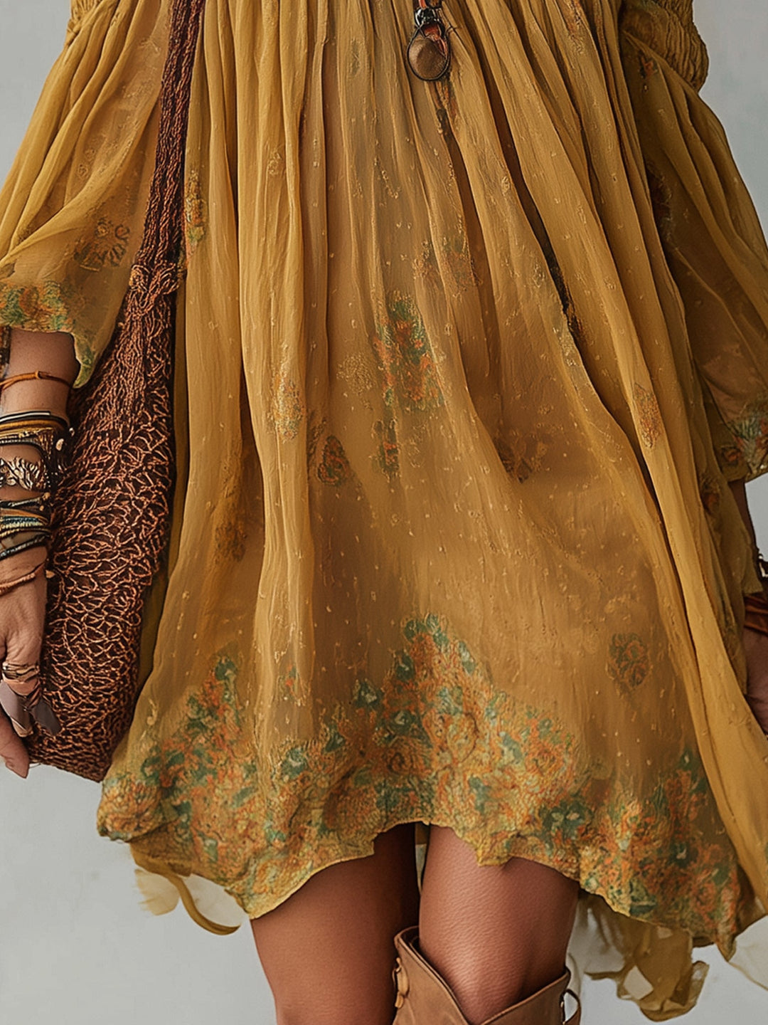 Abito Mini Off Shoulder in Chiffon Giallo con Fantasia Floreale