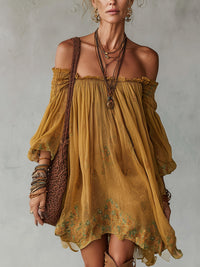 Abito Mini Off Shoulder in Chiffon Giallo con Fantasia Floreale