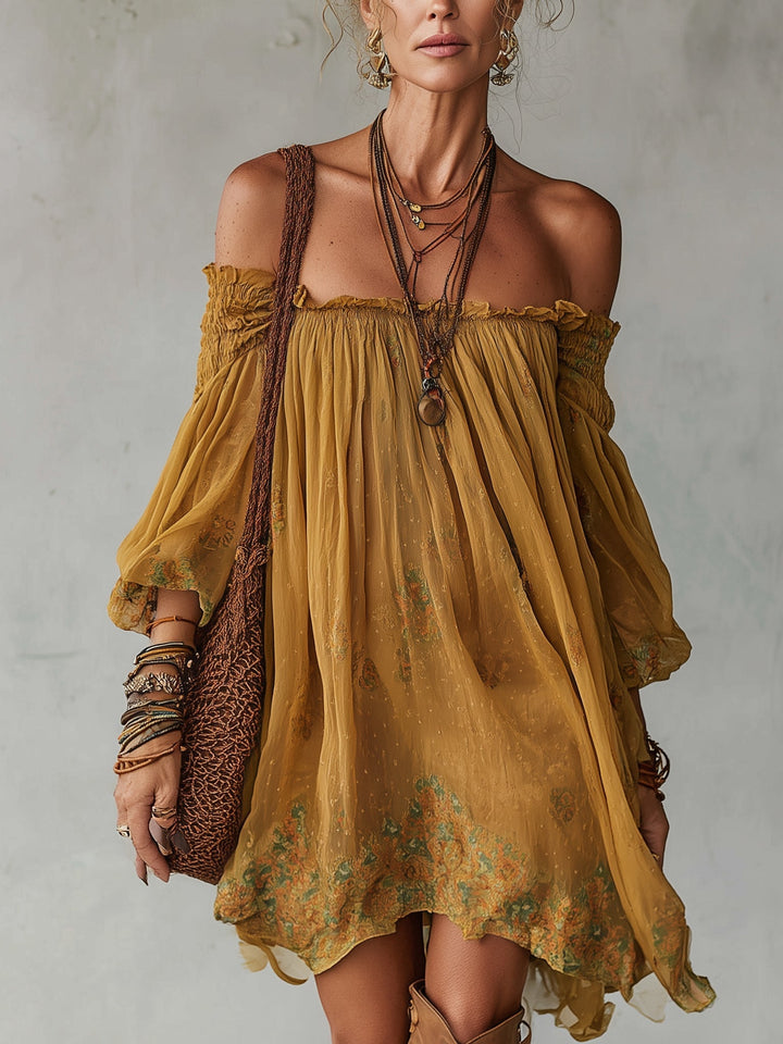 Abito Mini Off Shoulder in Chiffon Giallo con Fiori