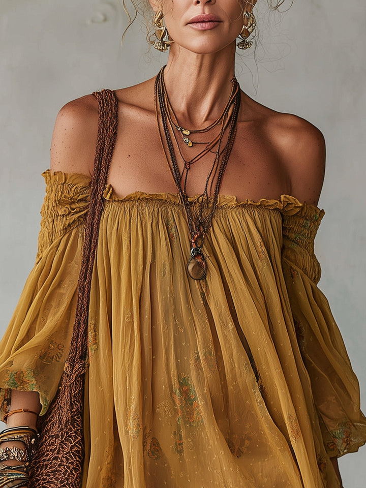 Abito Mini Off Shoulder in Chiffon Giallo con Fiori