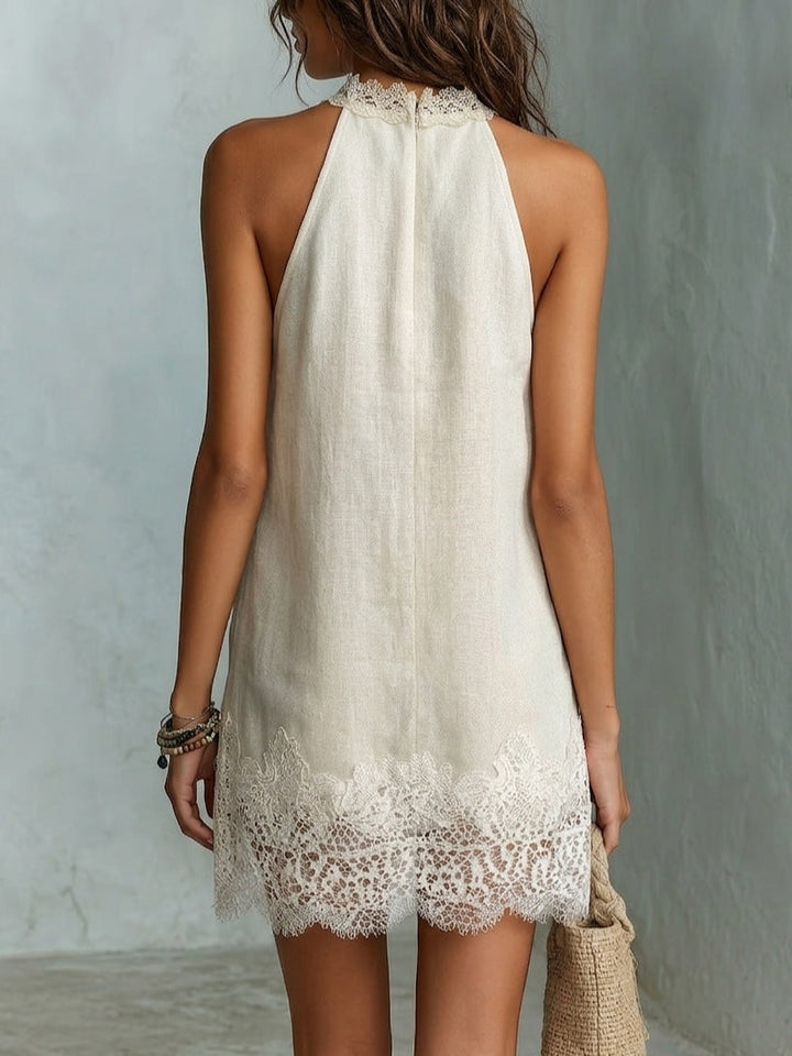 Chic Mini Abito con Scollo a Halter in Pizzo Color Avorio